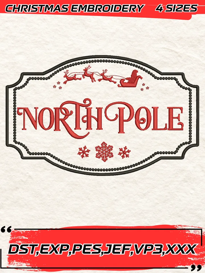 North Pole Embroidery Design,Christmas Embroidery Design,4 Sizes, Digital Download