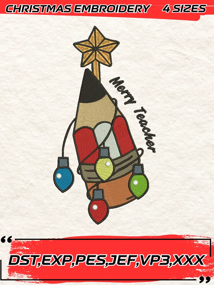 Merry Christmas Teacher Embroidery Design,Christmas Embroidery Design,4 Sizes, Digital Download