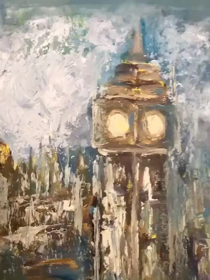 Timeless London original oil semi abstract fantasy painting on large canvas,Big Ben painting,textured impasto art,wall decoration.