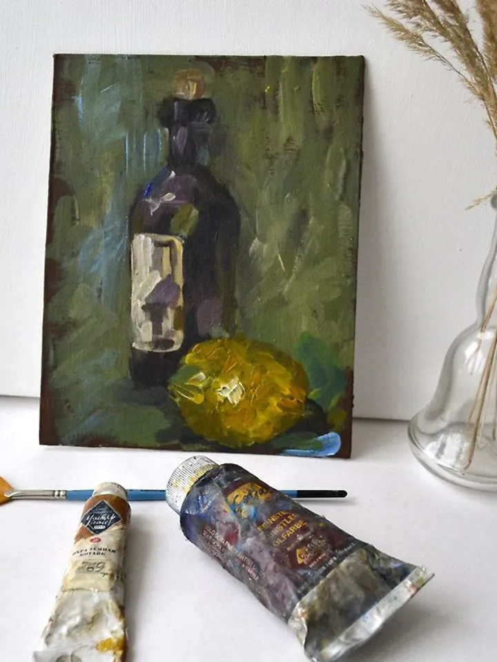 Wine Painting Lemon Original Impasto Painting Wine Bottle Art