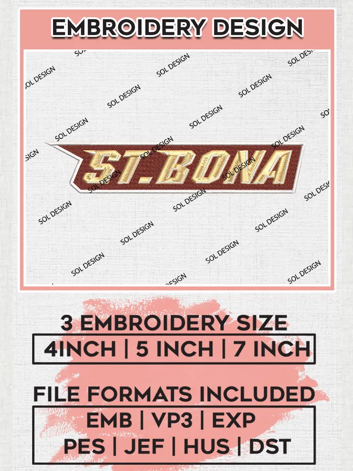 NCAA St Bona Team Word Logo Embroidery Design Files, NCAA St Bonaventure Bonnies Machine Embroidery, NCAA Teams, 3 sizes, NCAA Machine embroidery designs, Digital Download