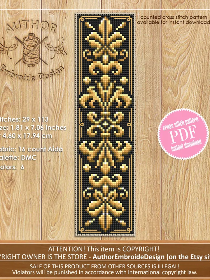 Floral ornament bookmark cross stitch pattern PDF download Easy Handmade bookmark digital PDF, Damask pattern Floral scroll embroidery #B133