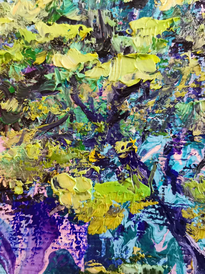 Pine Mountains River Impasto Painting Original Fine Art Artist Svinar Oksana