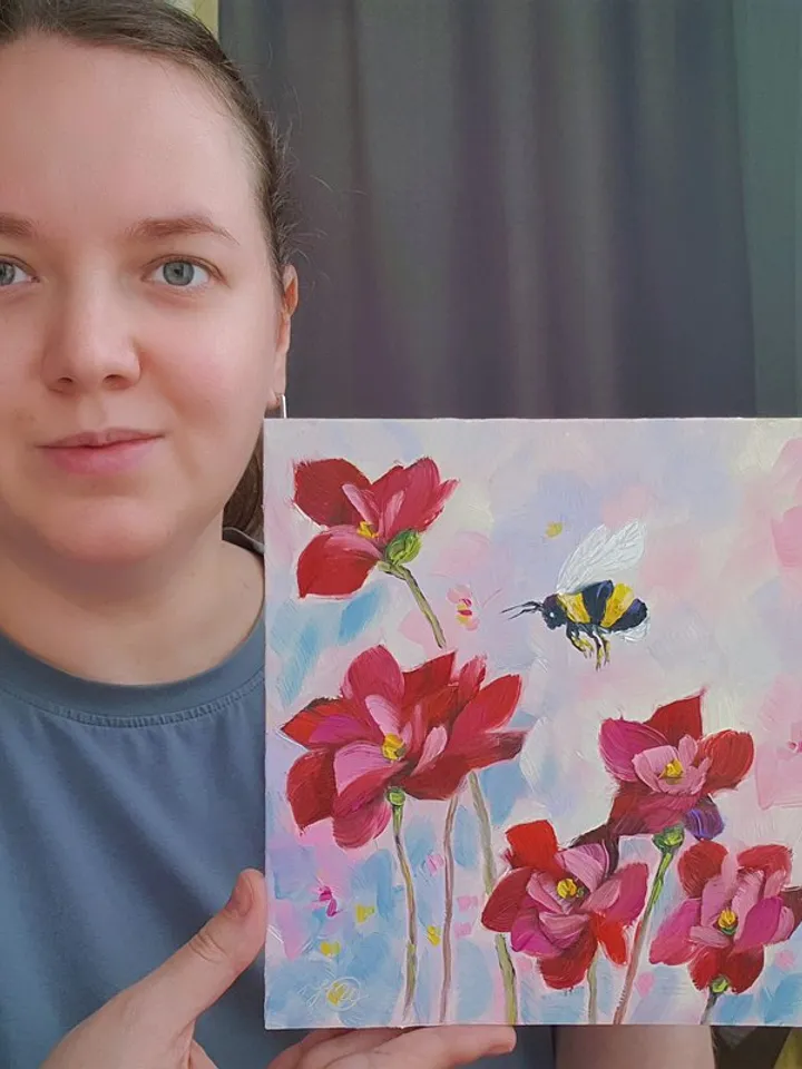Bee Painting Pink Flowers Original Art Floral Wall Art Small Oil Painting