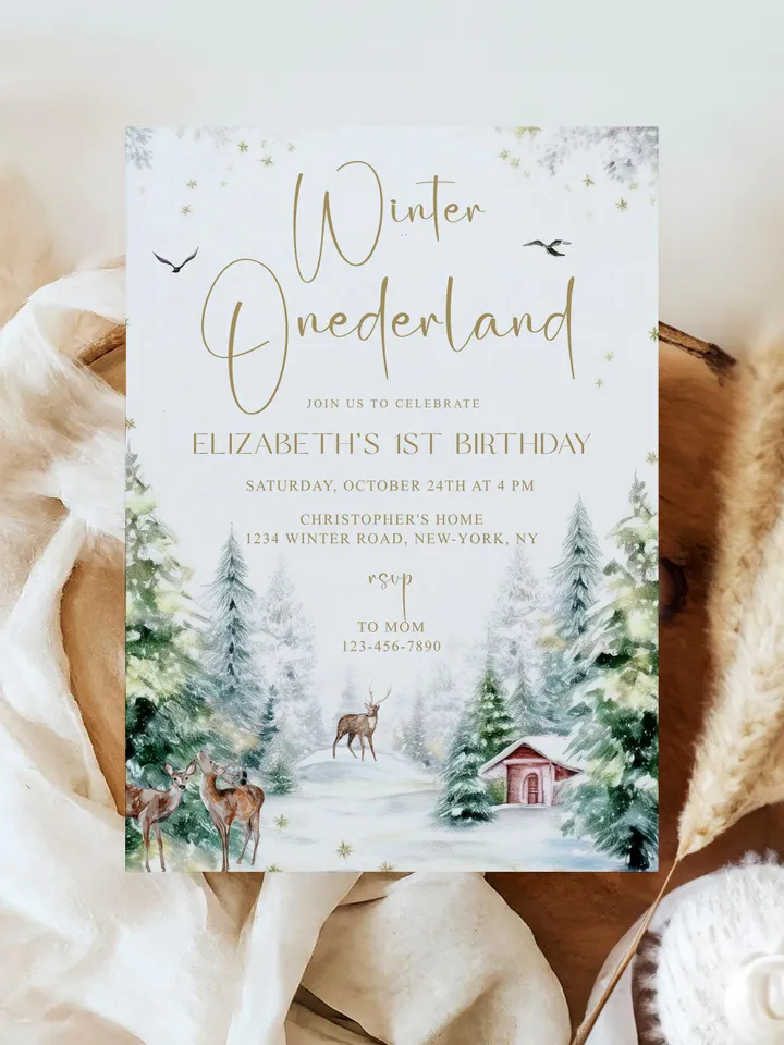 Winter Onederland 1st Birthday Invitation, Snow Woodland 1st Birthday Invite, Winter Onederland, Printable 1st Birthday Invitation - I128