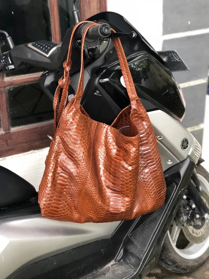 Big Soft Hobo Genuine Python Skin Polished Brown Bag | Exotic Python Leather Bag | Large Soft Leather Handmade Bag | Snakeskin Bag Woman