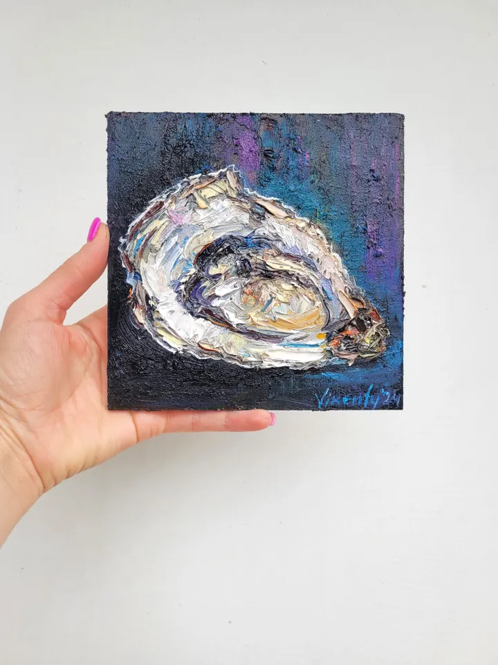 Oyster Painting Shell Original Art Impasto Oil Painting 6x6 Seafood Art Coastal Artwork Oyster Shell Wall Art Kitchen Wall Art by ArtFromVictoria