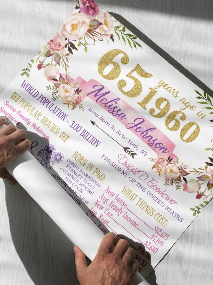 1960 65th Birthday Poster, 65th Floral Birthday, Back in 1960, 65th Decoration, 1960 Birthday Sign for USA, Canada, Australia, UK, Ireland
