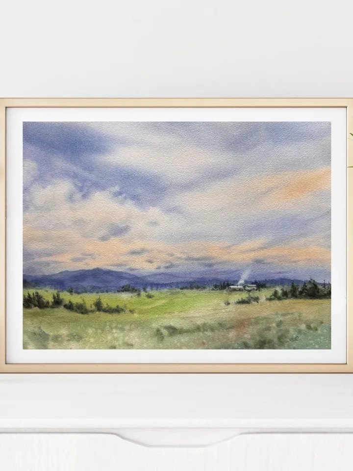 Landscape Original Watercolor Painting Fields Painting Meadow Painting
