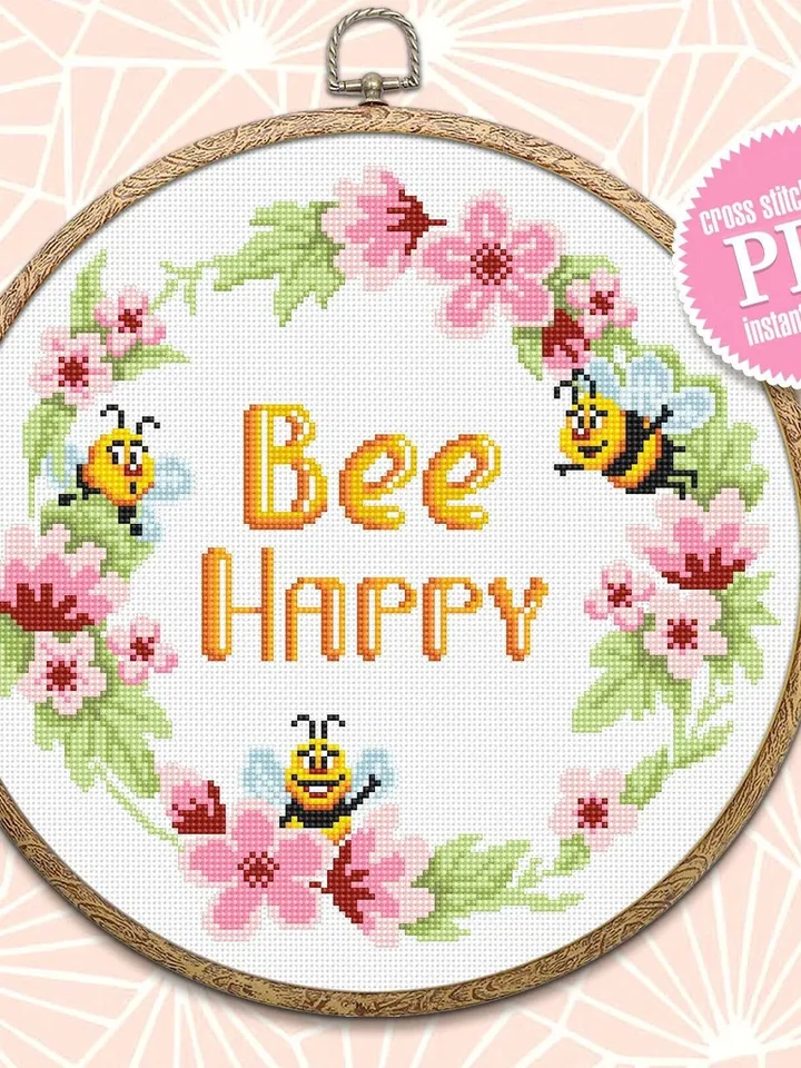 Honey bee cross stitch pattern download PDF, Bee Happy cross stitch Floral wreath cross stitch chart Framed quote embroidery, Bee decor #Q48