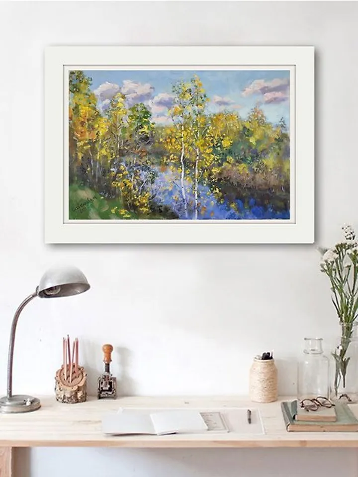 Autumn Painting Lake Landscape Birch Tree Original Art Nature Plein Air