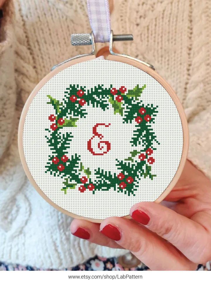 Christmas Wreath Monogram, Branch Noel cross stitch pattern, Holiday decor, counted, chart, gift DIY, embroidery, instant PDF