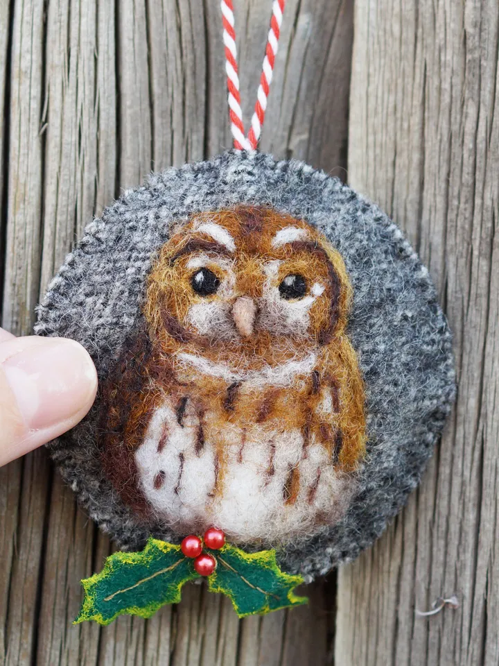 Tawny owl Christmas ornament, bird portrait, needle felted owl, made to order