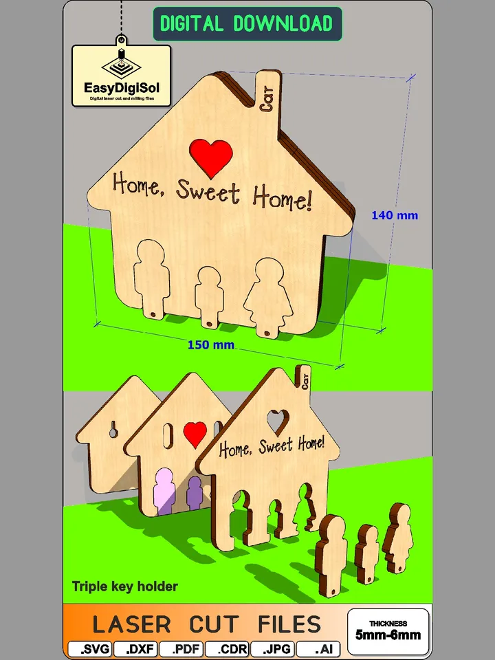 Wall Key Holder Home Triple Key Holder DIY Laser Cut wall keyring holder bundle hanging SVG DXF PDF Ai House keyichain holder