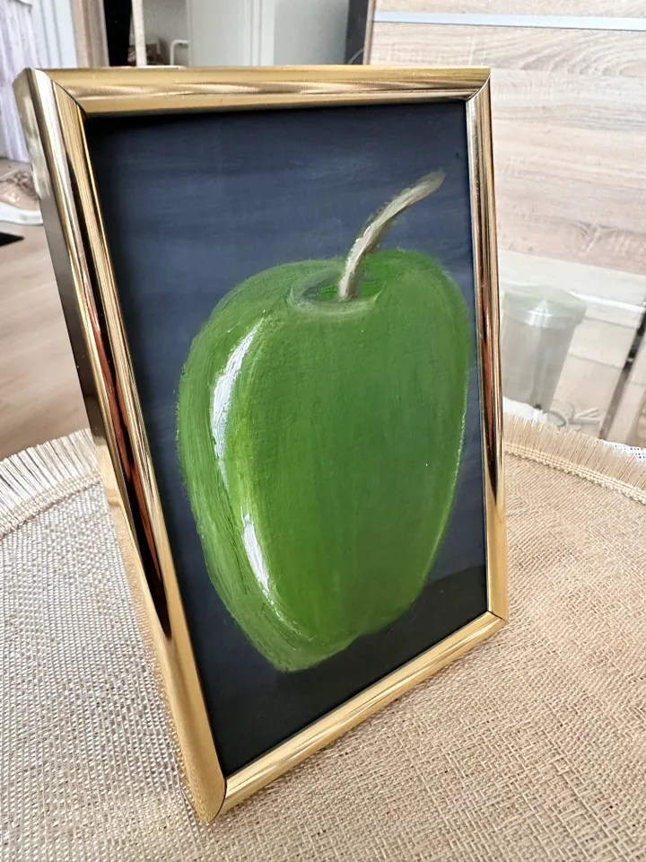 Oil Painting Green Apple Still Life Fruit Food Nature Cardboard 15x10 cm 6x4 inch Wall Decor In a gold frame