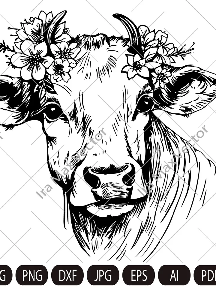 Cow SVG file, Cow with Flower Crown SVG, Cow cut file, Animal Face, Floral Crown, Cow with Flowers on Head, Cute Cow svg, Farm Animals, Barn