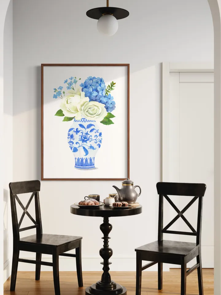 Chinoiserie Vase Wall Art Print, Hydrangea Painting, Ginger Jar Art, Blue and White Porcelain  Vase,Housewarming Gift, Apartment Decor Print