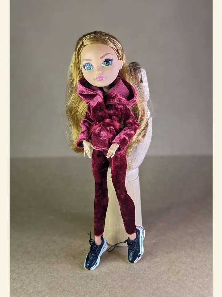 Handmade burgundy velvet hoodie & leggings set for 10.5 inch female dolls