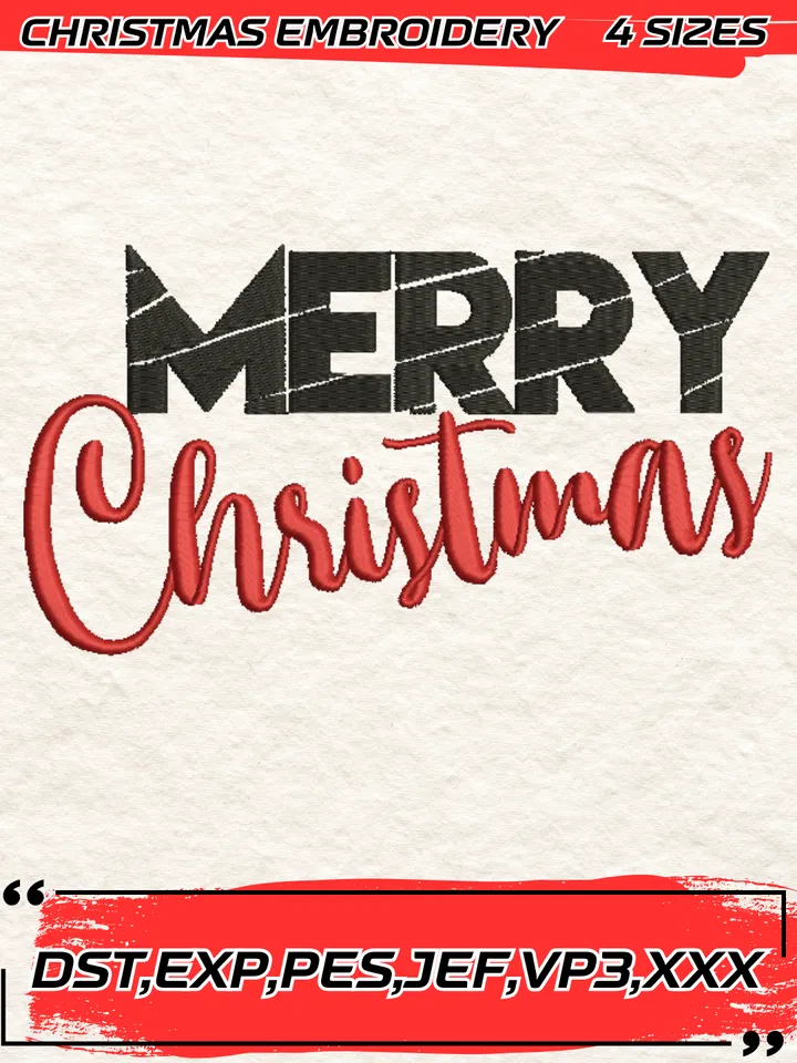 Merry Christmas Embroidery Design,Christmas Embroidery Design,4 Sizes, Digital Download