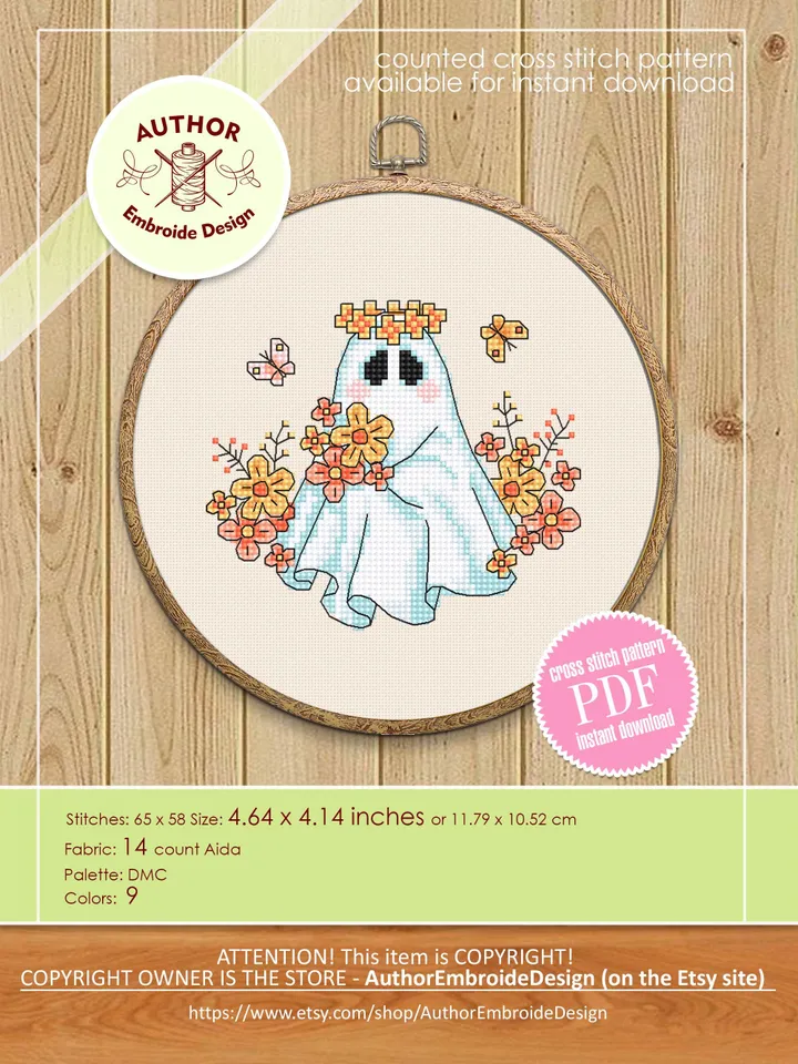 Floral ghost cross stitch pattern PDF download Cute Halloween cross stitch chart, Cute ghost with flowers pattern digital PDF #H86