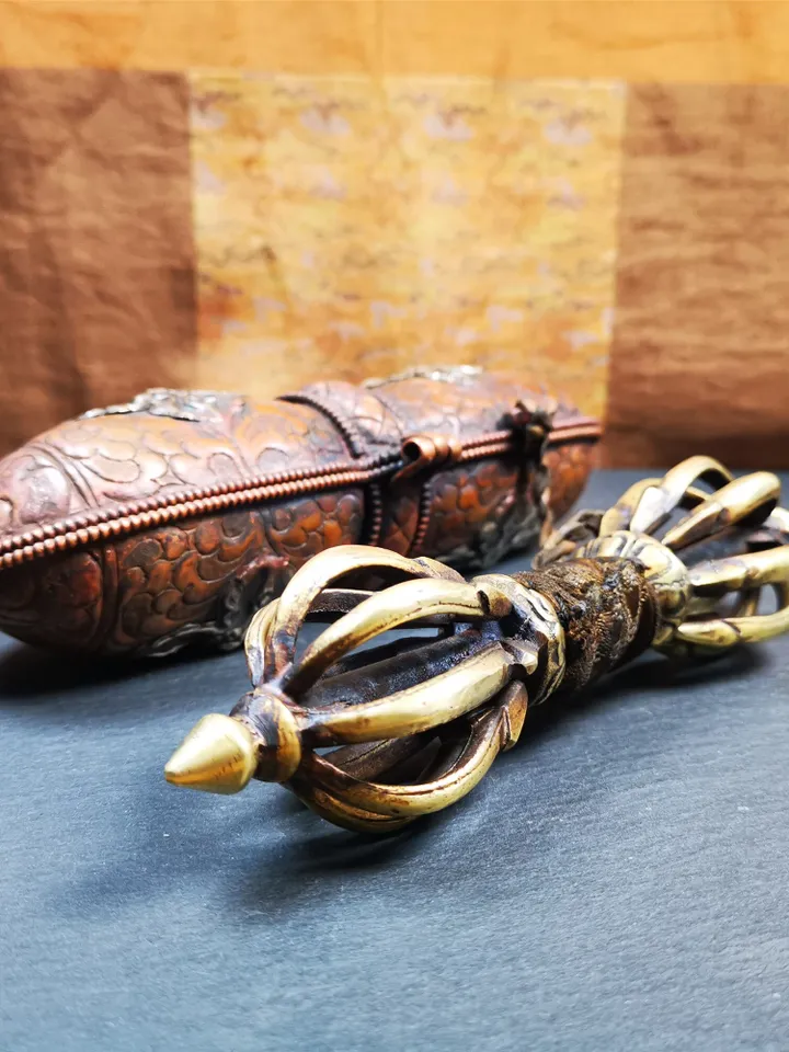 Gandhanra Vintage Vajra Dorje with Copper Case ,Tibetan Tantric Buddhism (Vajrayana) Ritual Implement,Handmade in Nepal,7.88"