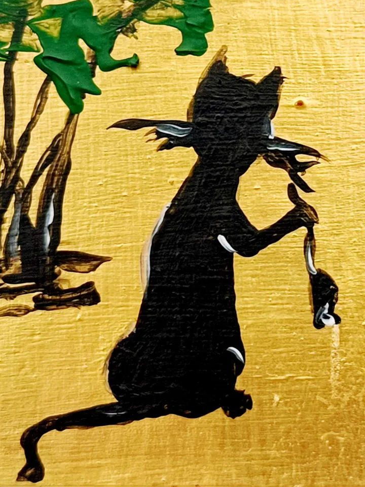 Black cat Mini painting a black cat and mouse painting framed 4x4 in Original Handmade painting Gift by ArtProkopaloSv