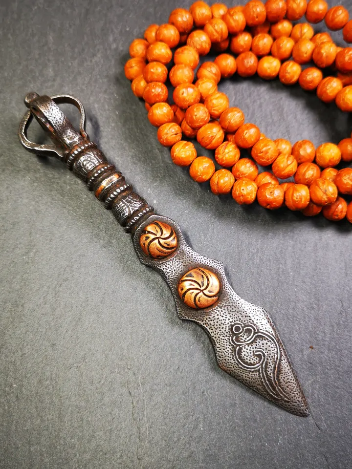 Gandhanra Handmade Tibetan Buddhist Ritual Implement - Kila -Dorje Phurba,Manjusri Sword,Made of Cold Iron inlaid with Copper,5.1"