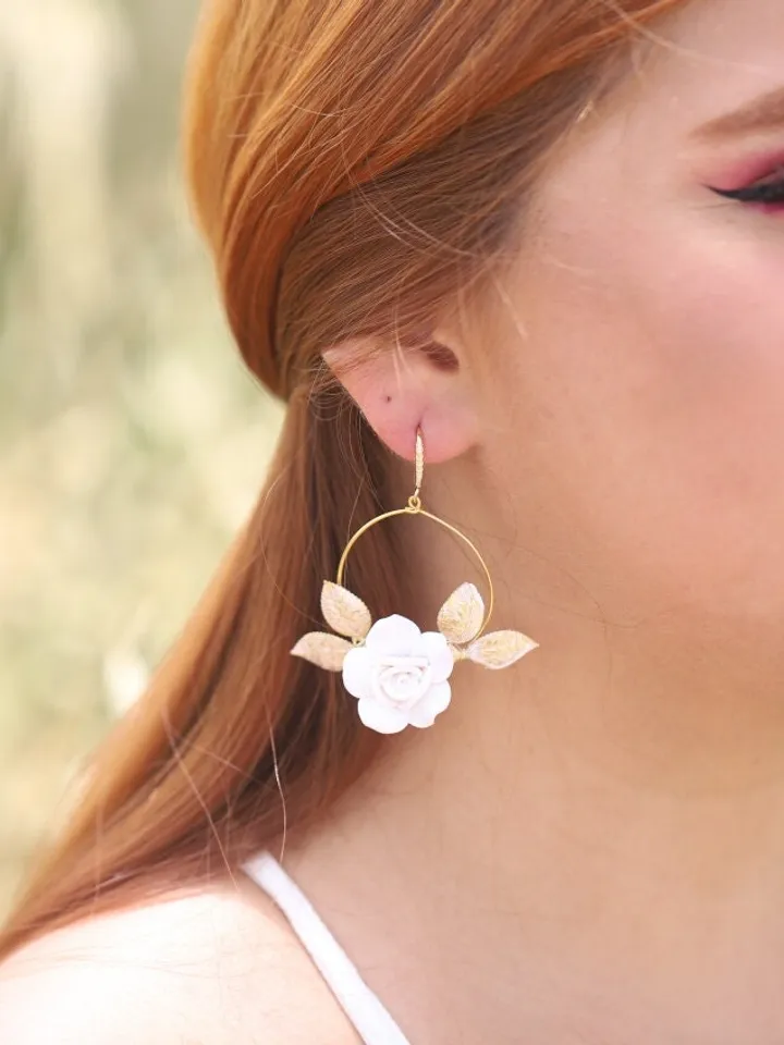 Gold Porcelain Flower Hoop Boho Wedding Earrings, Statement Crystal Leaves Boho Bridal Earrings, Floral Bridal Jewelry, Leaf Wedding Jewelry