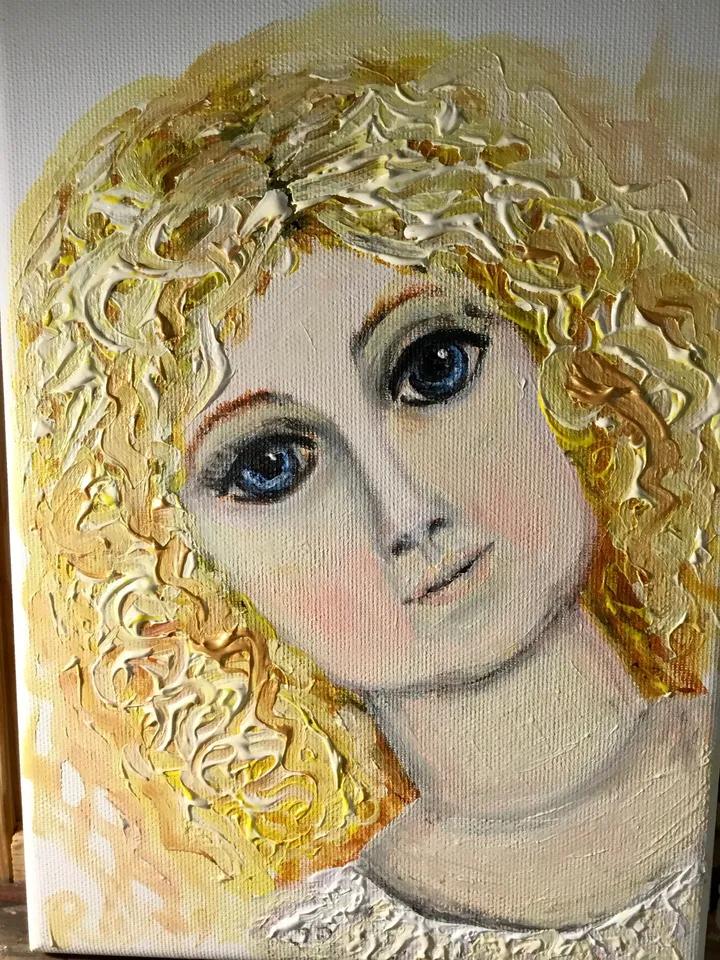 Vintage doll painting,original acrylic painting on stretched 3 d canvas