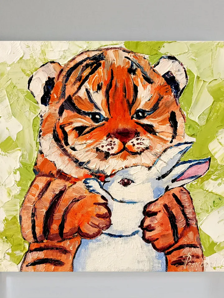 Tiger cub Painting Rabbit Original Art Christmas Gifts Impasto Oil Painting Tiger Painting Tiger Art Rabbit Art by ArtProkopaloSv