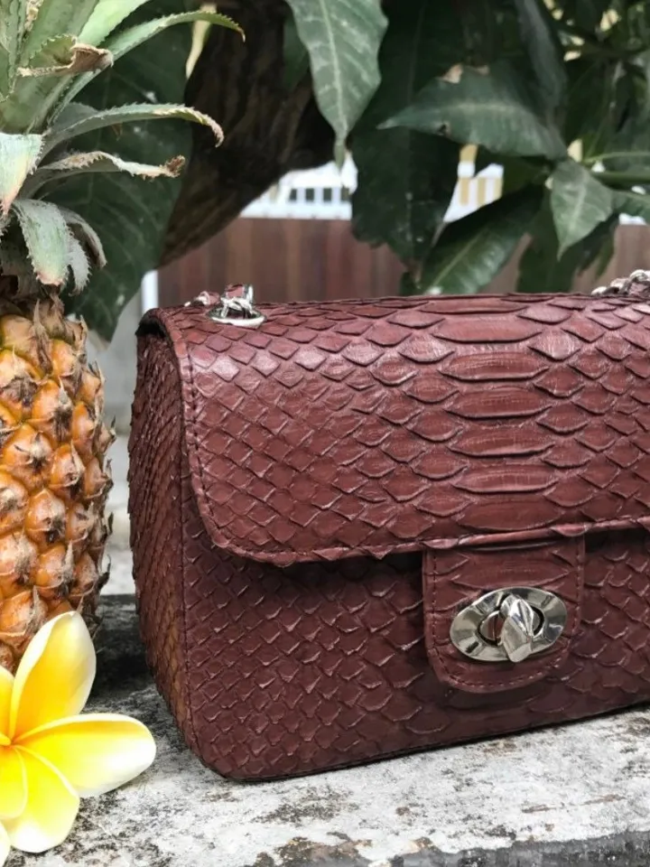 Genuine Python Skin Dark Brown Crossbody Bag | Adjustable Chain Classy Elegant snake Crossbody Small Lady Summer Bag | Brown Python Purse