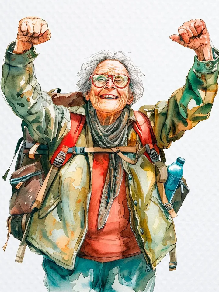 14 Senior Woman Travelling PNG Bundle, Traveller, hiking,  Watercolor clipart, High Quality,  Paper craft, junk journals