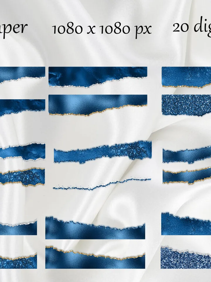 Glam Edges; Glam Digital Borders; Glitter Torn Paper; Glam Ripped Edged; Commercial Use; Glam Wavy Borders; Navy Blue Torn paper clip art