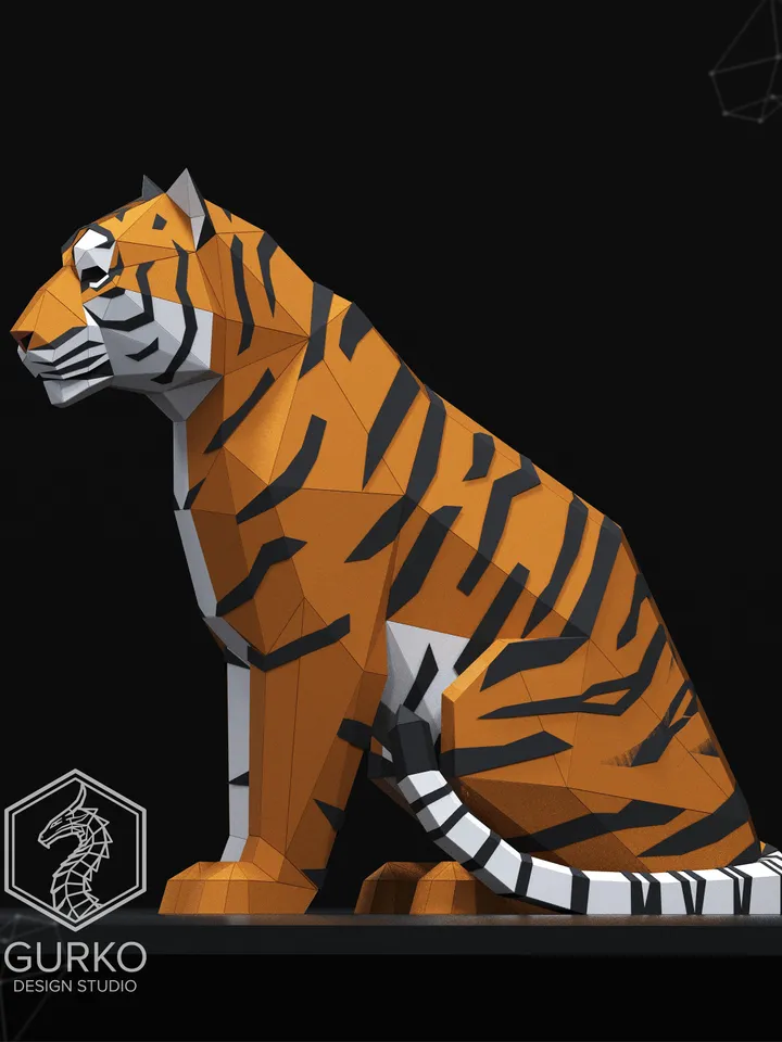 Sitting Tiger Papercraft, Cat, Digital Template, PDF Download, Gurko, 3D Low Poly, Pepakura, DIY Origami Sculpture, Paper Party Decoration
