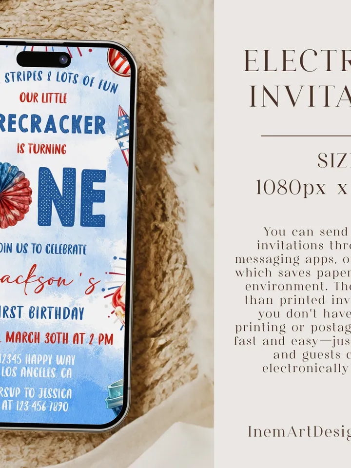 Firecracker birthday invitation, Our little firecracker is turning one, 1st birthday boy invite, Editable template Instant download