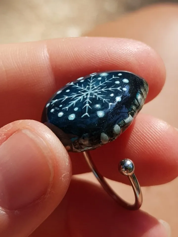 Ring with blue labradorite Oil painting miniature of snowflake on gemstone