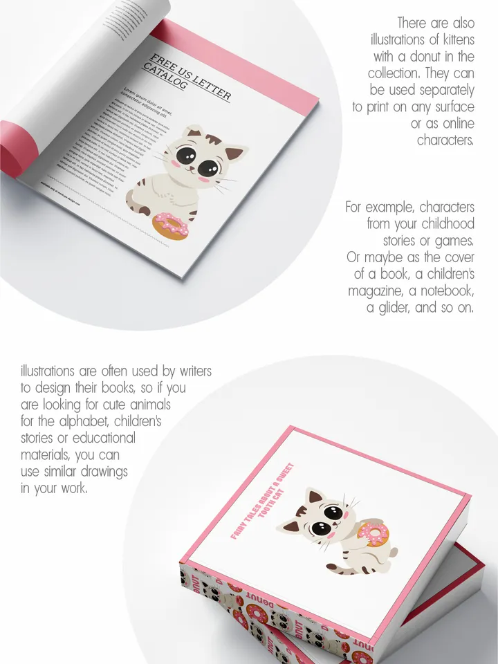 Prints and patterns of cute cats with donuts in vector
