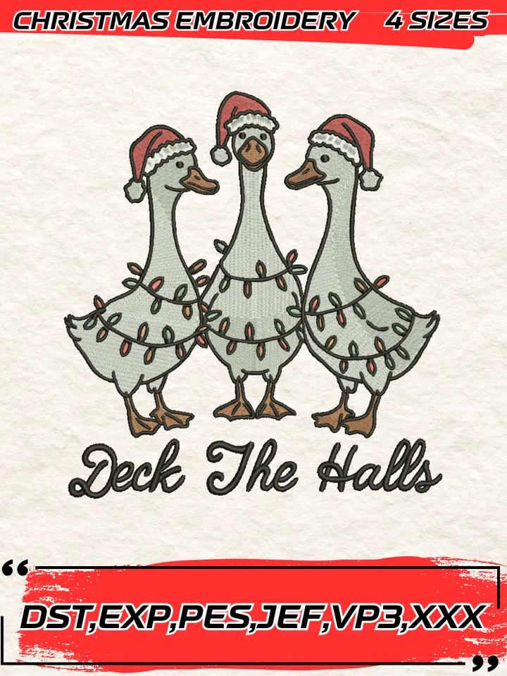 Goose Deck The Halls Embroidery Design,Christmas Embroidery Design,4 Sizes, Digital Download