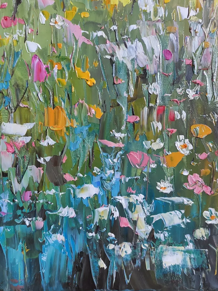 Oil painting abstract landscape with wildflowers.