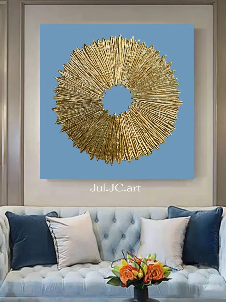 Gold and Blue Abstract Painting Textured artwork Sunburst Original Art Gold Sun painting on canvas | Above couch decor