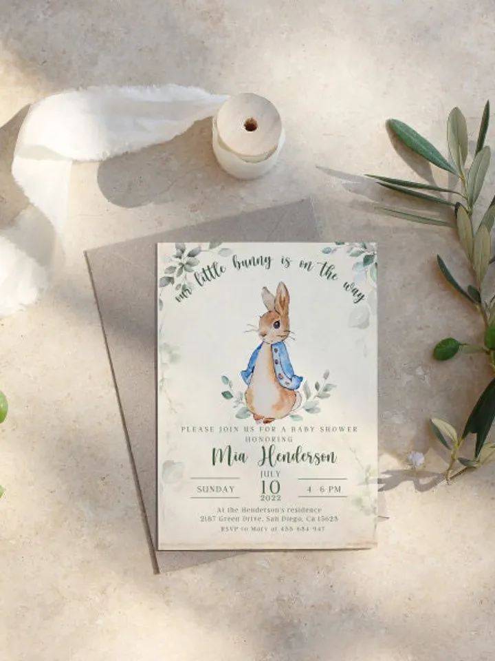 Peter Rabbit Baby Shower Invitation; Neutral Baby Shower Bunny invite; Editable Bunny Baby shower template; BabyBoy Invite; Bunny on the way