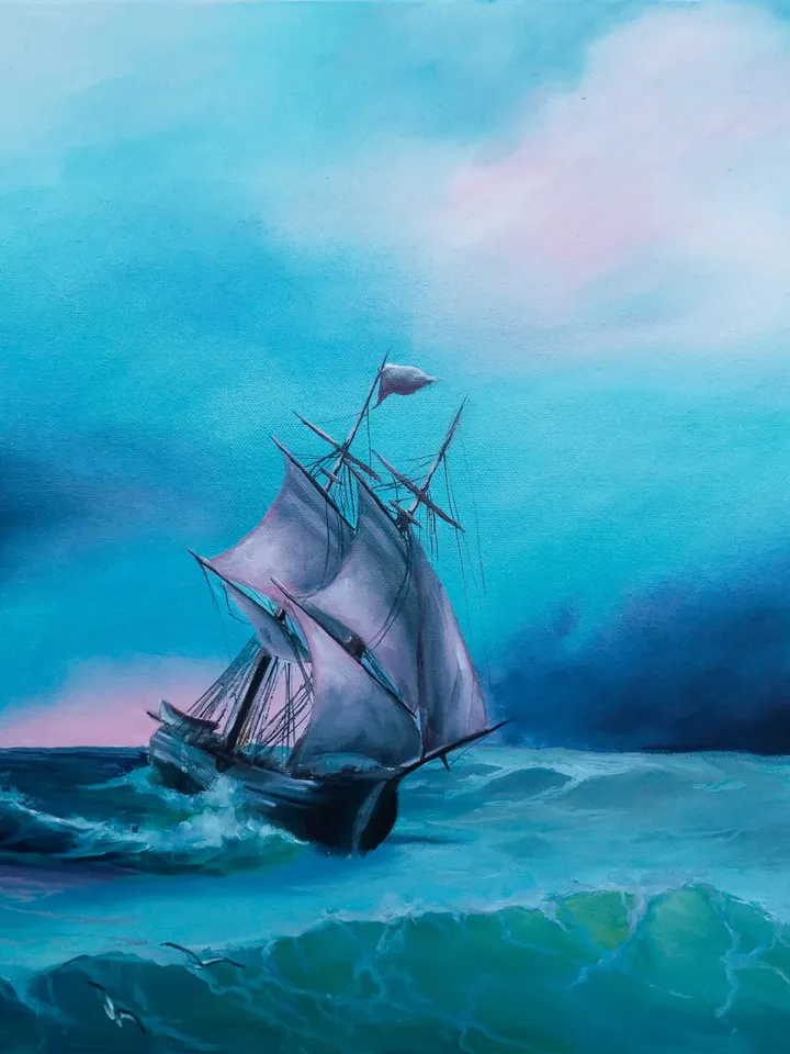 Commission Seascape oil painting Ship on the turquoise wave Wall art on