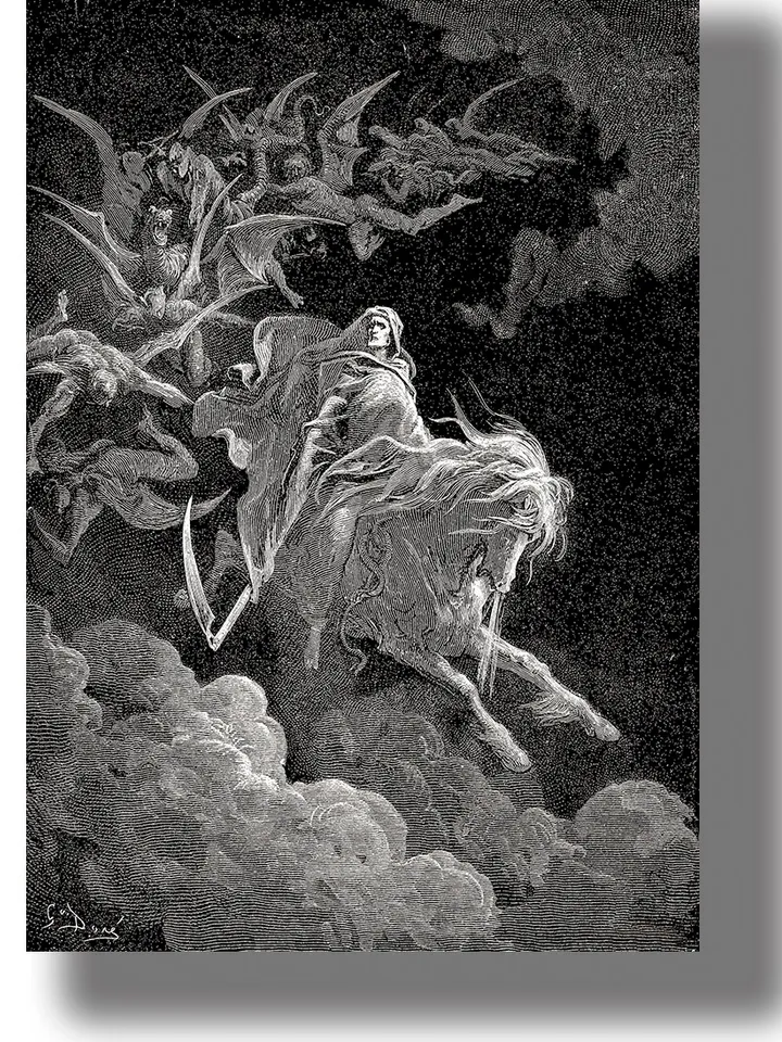 The vision of Death. Skeletons, demons and a rider on a pale horse.