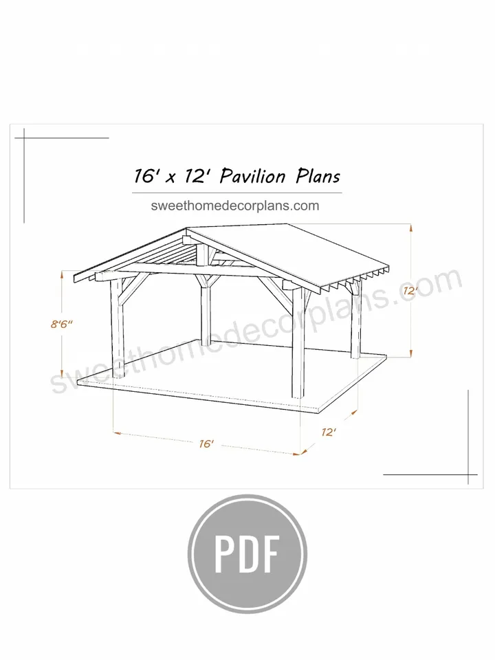 Diy 16 x 12 gable pavilion plans in pdf. Carport plans. Wooden outdoor covered gazebo plans. Diy backyard timber frame plans for outdoor. Garage plans