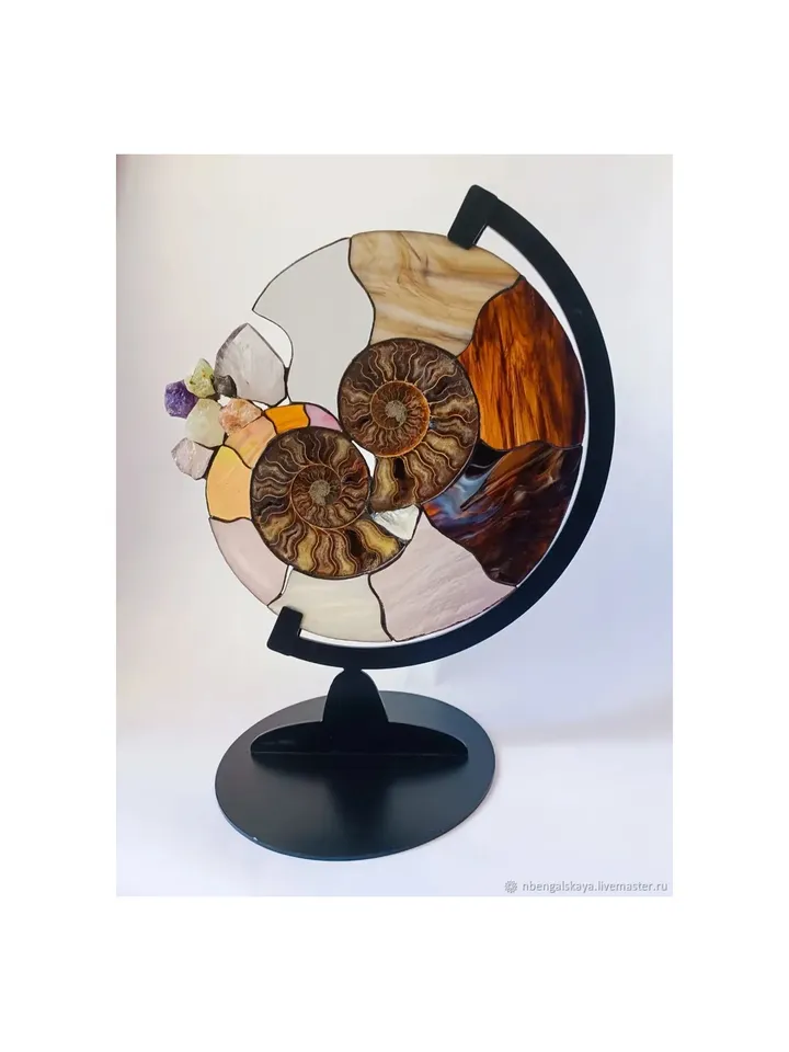 Paired Ammonites on a Stand, Paired Stained Glass Ammonites on Stand, Paired Ammonites, Ammonite Duo on Stand, Twin Fossil Ammonites, Ammonite Sculpture with Gemstones, Stained Glass and Ammonite Art, , Twin Ammonites with Stained Glass Accents