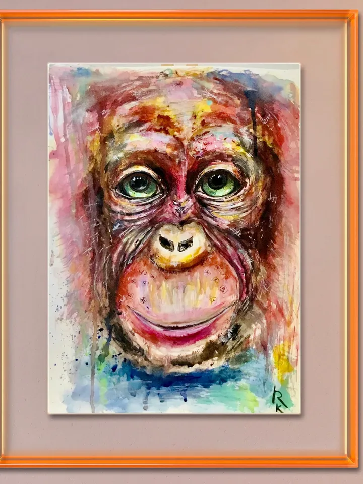 Funny Monkey original painting,watercolour mix media fantasy painting ,chimpanzee painting,animals original artwork,monkey wall art