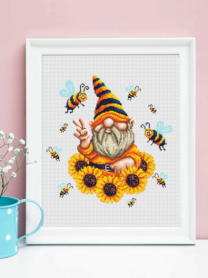 Sunflower gnome cross stitch pattern download PDF, Cute gnome pattern digital PDF, Bee gnome embroidery, Yellow sunflowers cross stitch #P34