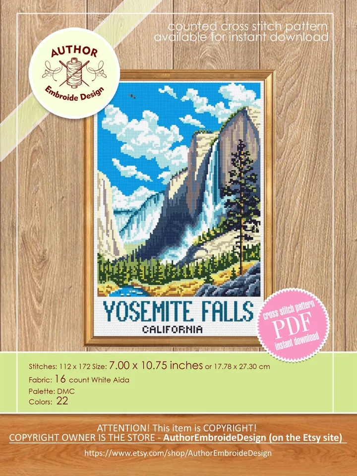Yosemite falls national park cross stitch pattern PDF download Travel poster cross stitch chart, Mountain landscape pattern digital PDF #L96