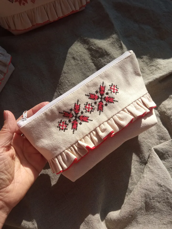 Cosmetic bag or pencil case made of linen with hand embroidery of a traditional Belarusian ornament
