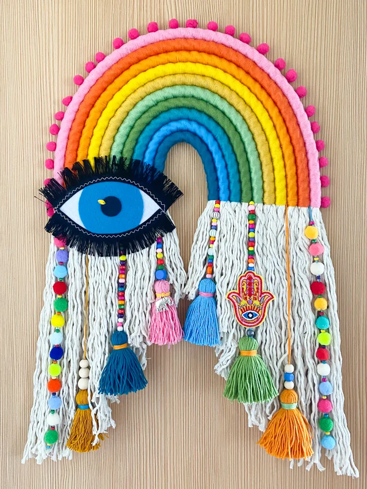 Boho home decor, Large rainbow wall hanging, Evil eye and Hamsa hand home decor, Mother day gift, Hippie stuff